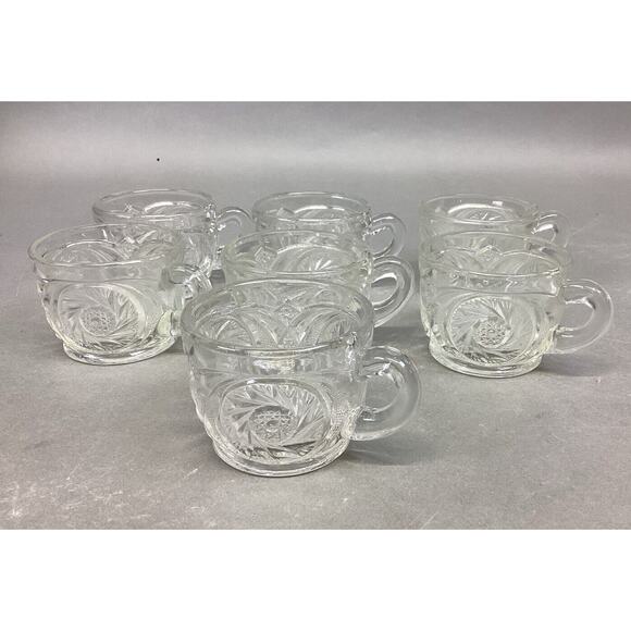 L.E. Smith Aztec Carved Crystal Glass Punch Bowl Cups - Set Of 7 - Picture 1 of 13